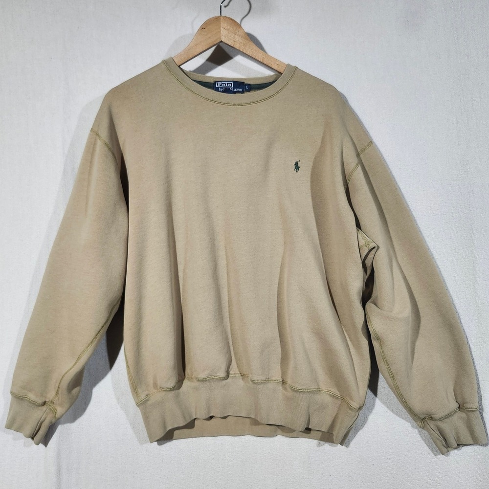 Polo Ralph Lauren Crewneck Sweatshirt Tan Khaki Embroidered Green Pony Men Large